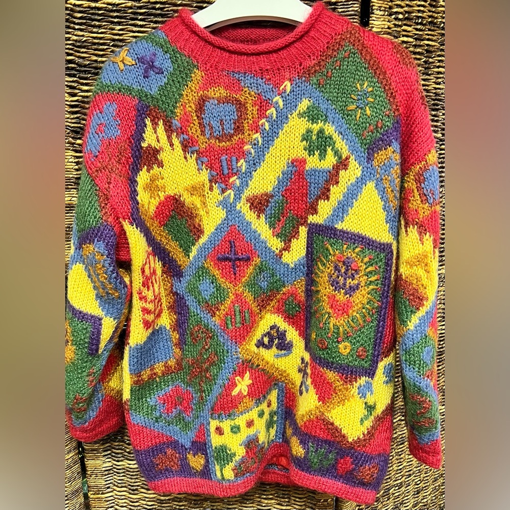 Siba- Colorful Patchwork‎ Hand Knit Sweater-Medium, Mohair/Acrylic Blend w/Nylon